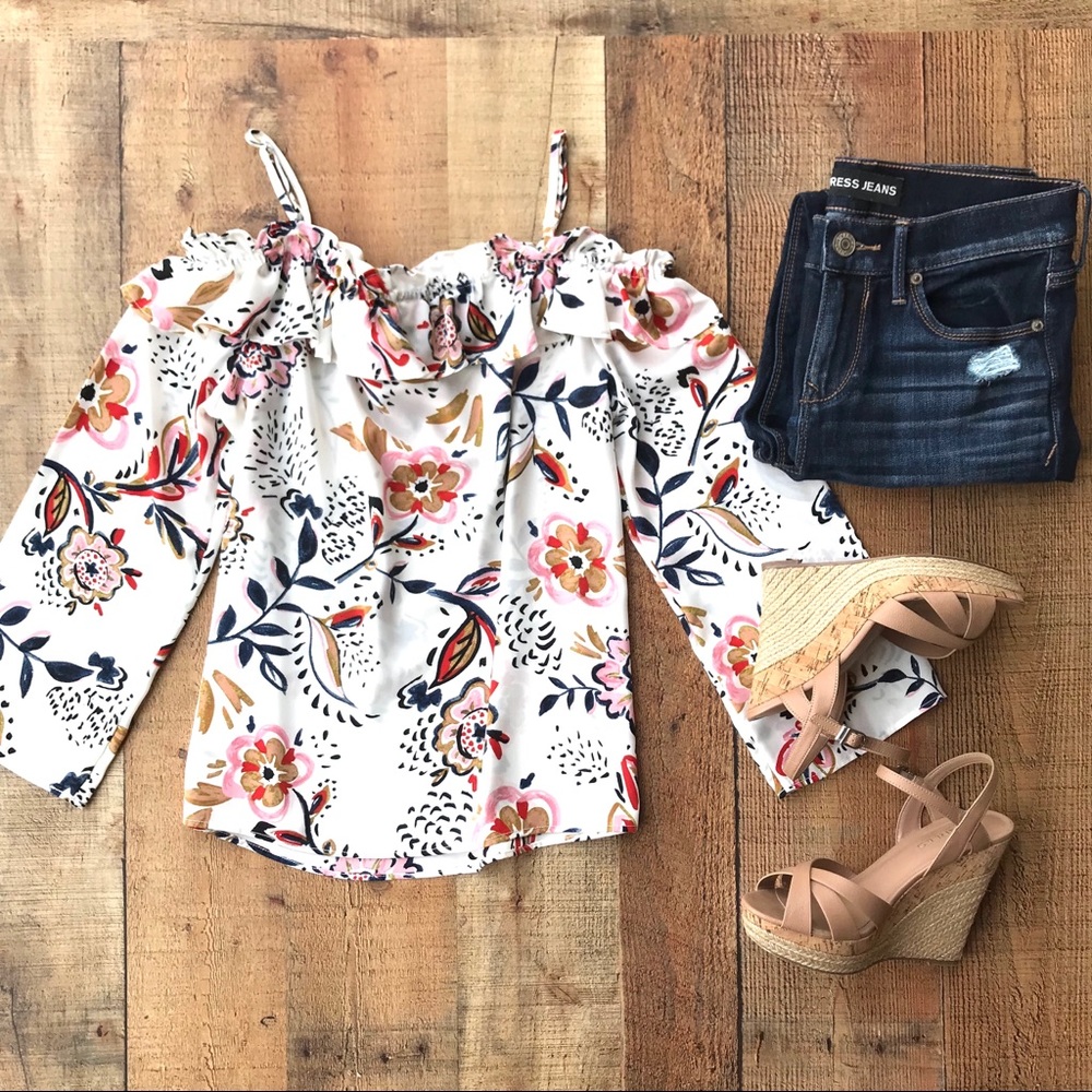 Floral Off-Shoulder Blouse - White, Pink, Blue